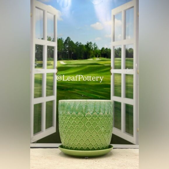 Celadon Green/Blue Ceramic Planter with Saucer Attached - Picture 1 of 9